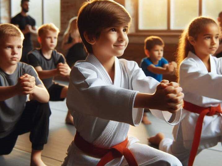 Group of children performing warm-up exercises in an MMA class.