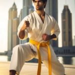 A student wearing a karate yellow belt and practicing a front stance.