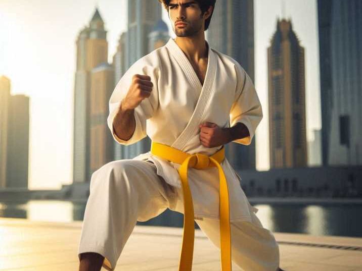 A student wearing a karate yellow belt and practicing a front stance.