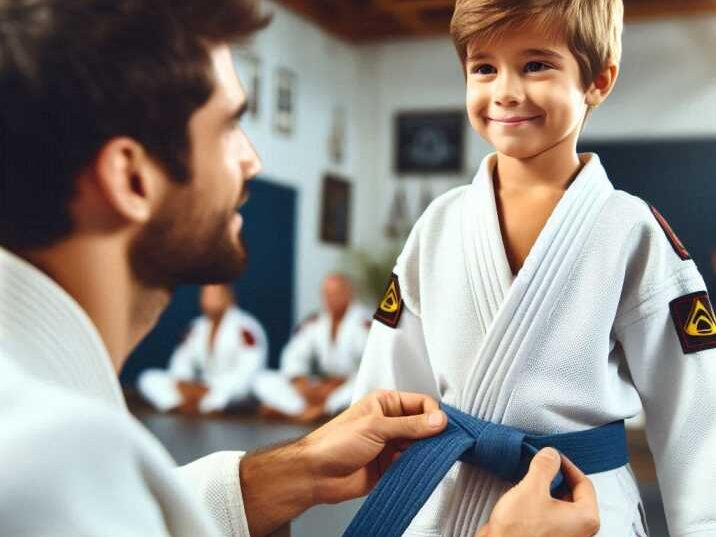 Child receiving a belt promotion in Brazilian Jiu-Jitsu