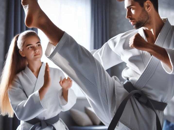 Student practicing martial arts kick with instructor