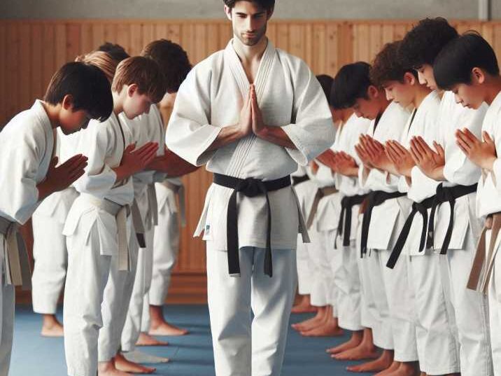 A group of students bowing to their Sensei at the end of a Seido Karate class.