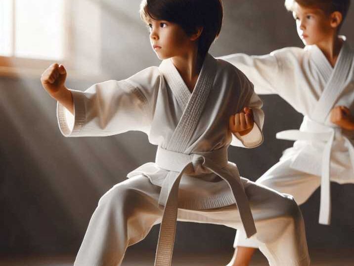 A young boy in a white Karate uniform practicing Kata moves.