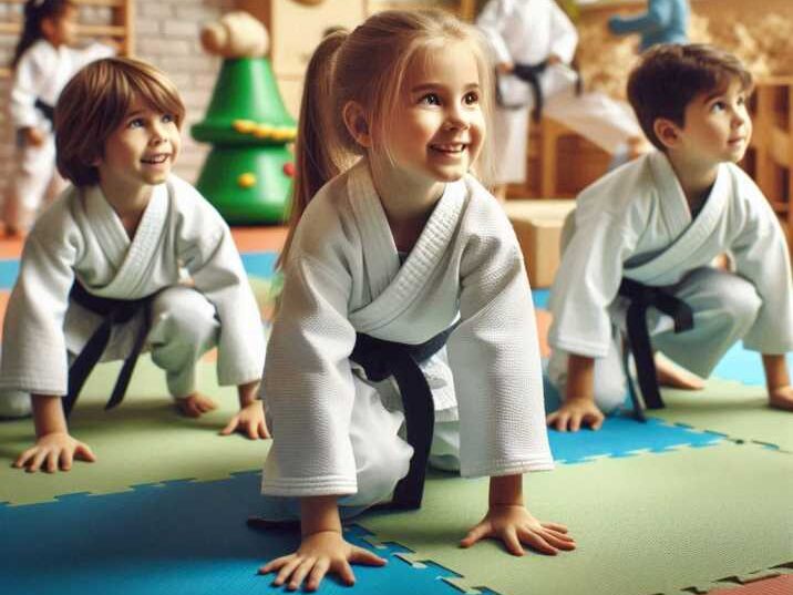 Kids practicing kata with a fun obstacle course.