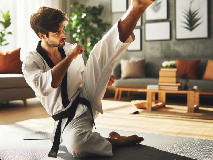 A person practicing Taekwondo at home