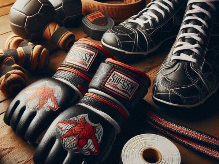 Muay Thai gear - gloves, shin guards, and hand wraps.