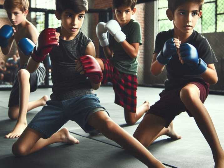 Kids practicing mixed martial arts training in a gym