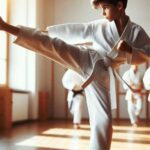 A young karate student practicing a front kick to learn Seido Karate dojo