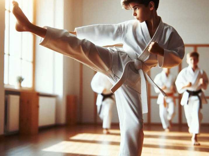 A young karate student practicing a front kick to learn Seido Karate dojo