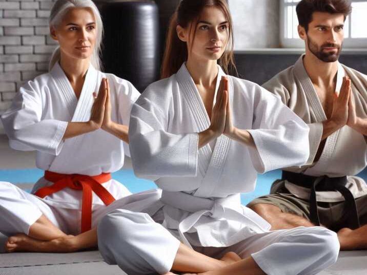 Adults practicing martial arts in a dojo