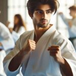 A group of students practicing Learn Karate in a dojo.