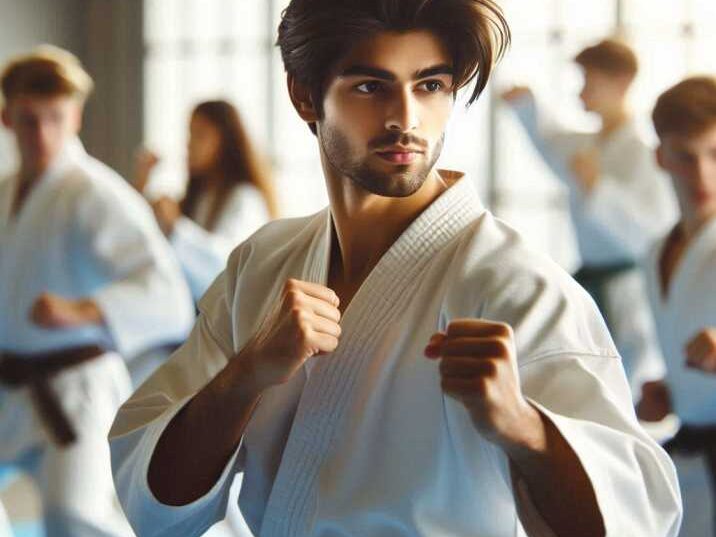 A group of students practicing Learn Karate in a dojo.