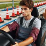 Young driver navigating through a driving range obstacle course