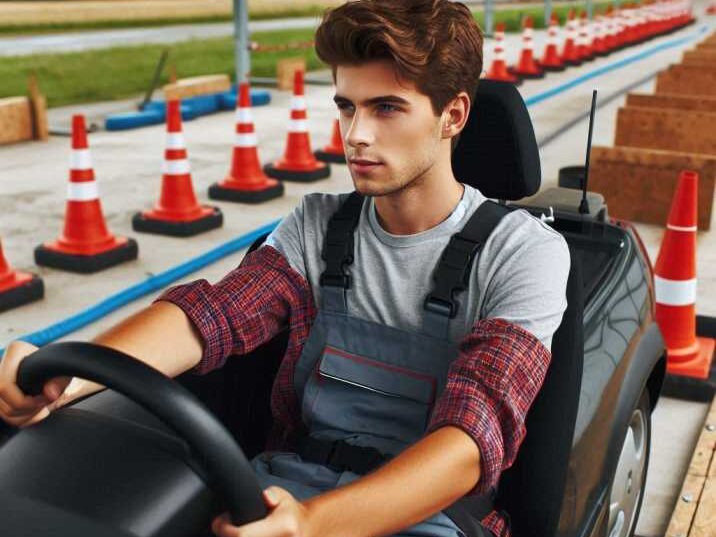 Young driver navigating through a driving range obstacle course