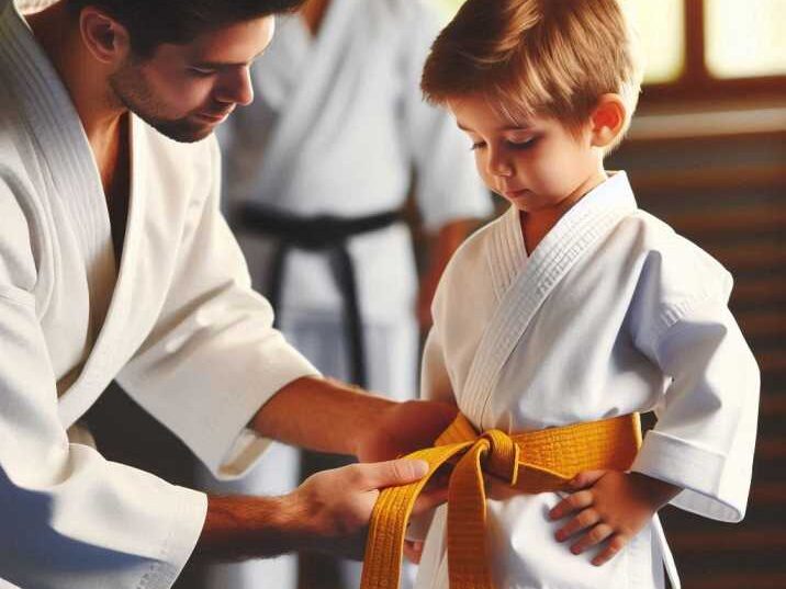 A child receiving a karate belt from an instructor