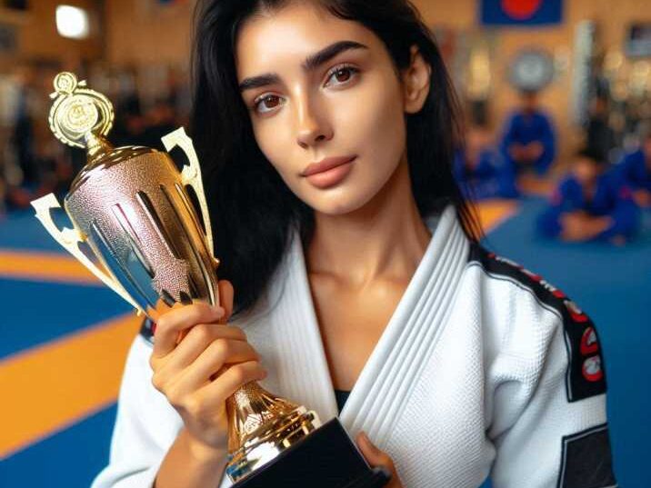 A female BJJ champion holding a trophy after a competition