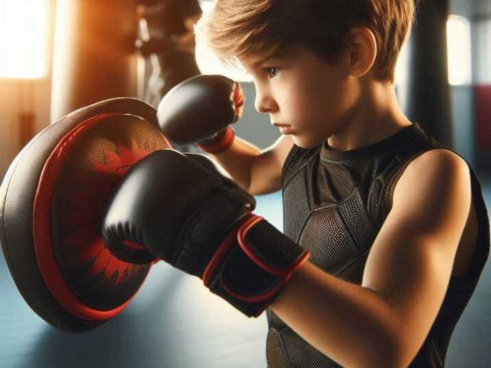 A Child practicing Mixed Martial Arts Workout techniques with focus mitts