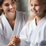 Young girl in a white gi practicing martial arts with a smiling instructor