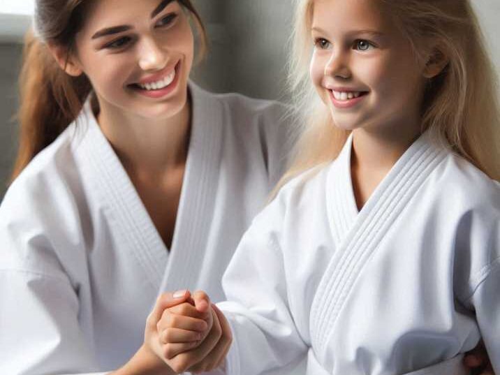 Young girl in a white gi practicing martial arts with a smiling instructor