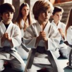 A group of children practicing martial arts in a dojo.