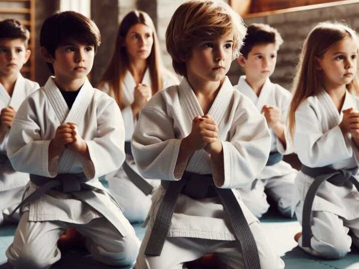 A group of children practicing martial arts in a dojo.