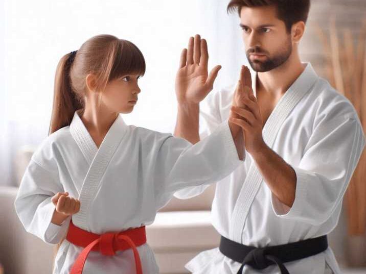 A beginner learning karate techniques with an instructor.