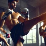 Muay Thai fighters training in a gym, practicing kicks and punches.