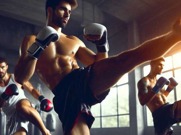 Muay Thai fighters training in a gym, practicing kicks and punches.