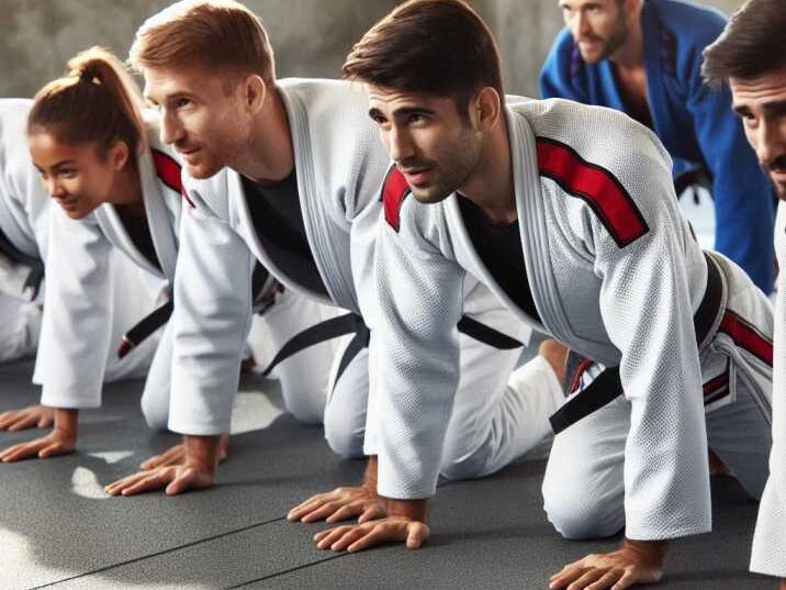 BJJ class practicing bear crawls as a warm-up