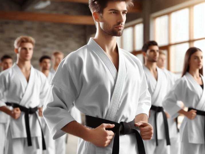 Karate students wearing black colored belt during practice