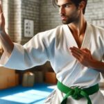 A student with a green belt in Karate practicing kata.