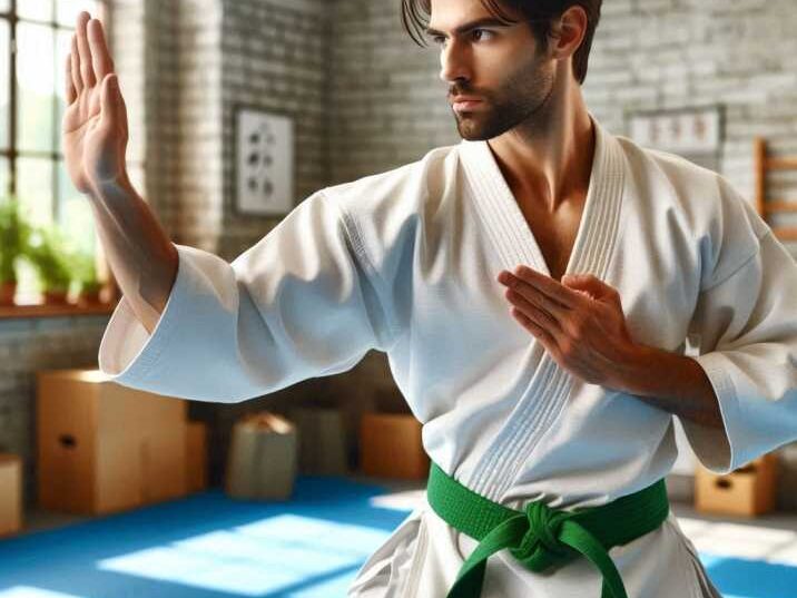 A student with a green belt in Karate practicing kata.