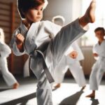 A young child practicing a karate kick in a martial arts class