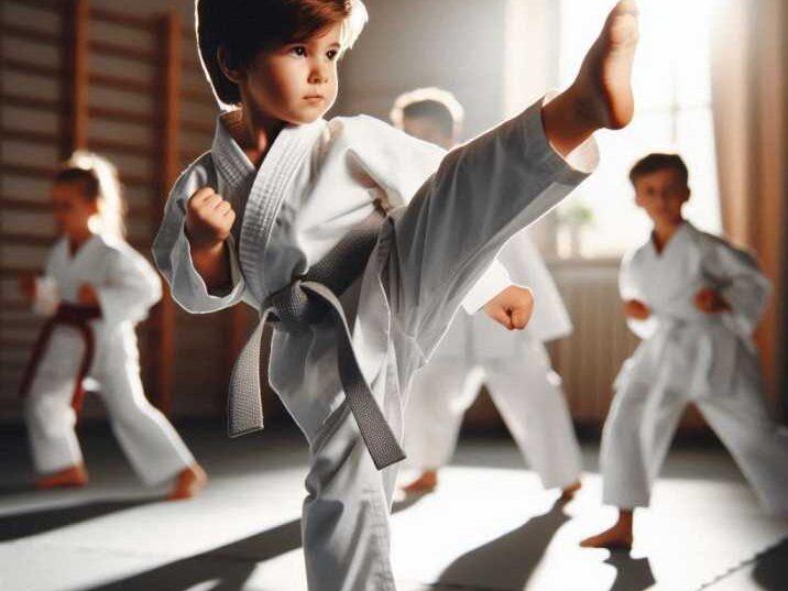 A young child practicing a karate kick in a martial arts class