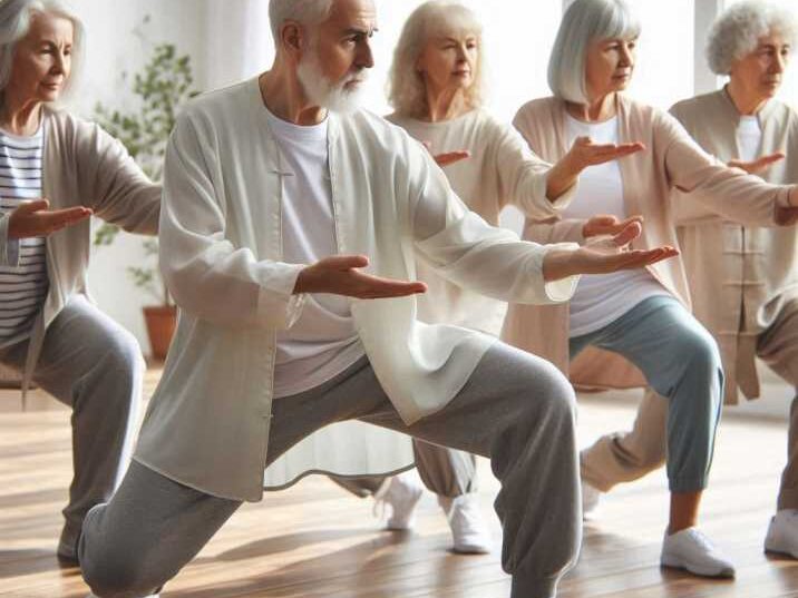 Seniors practicing Tai Chi in a park.