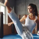 Young martial artist focused on practicing a high kick in a dojo