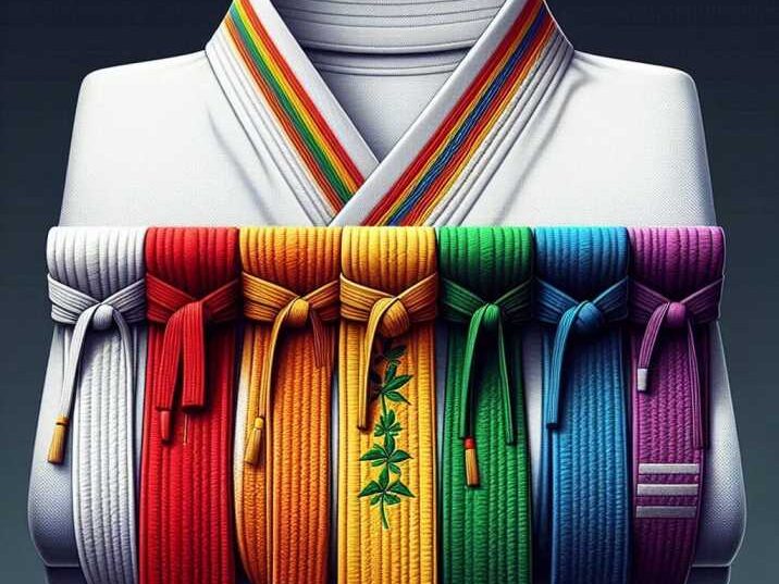 Different colored karate belts laid out in order