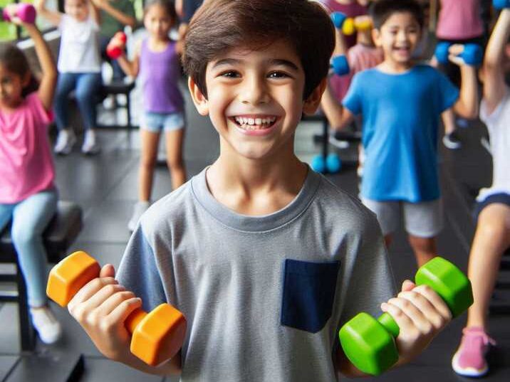 A young boy lifting dumbbells at the gym