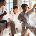 Instructor demonstrating basic moves of kata to kids