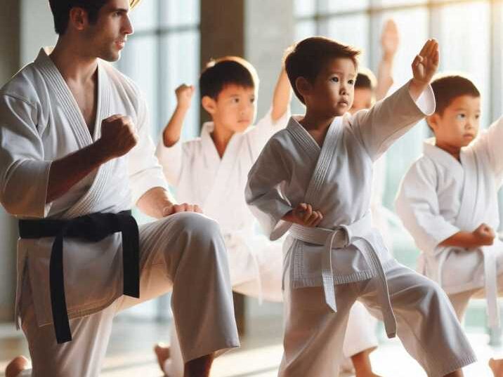 Instructor demonstrating basic moves of kata to kids