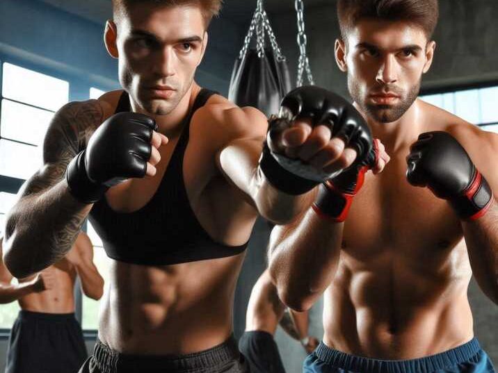 Mixed martial artists training in a gym