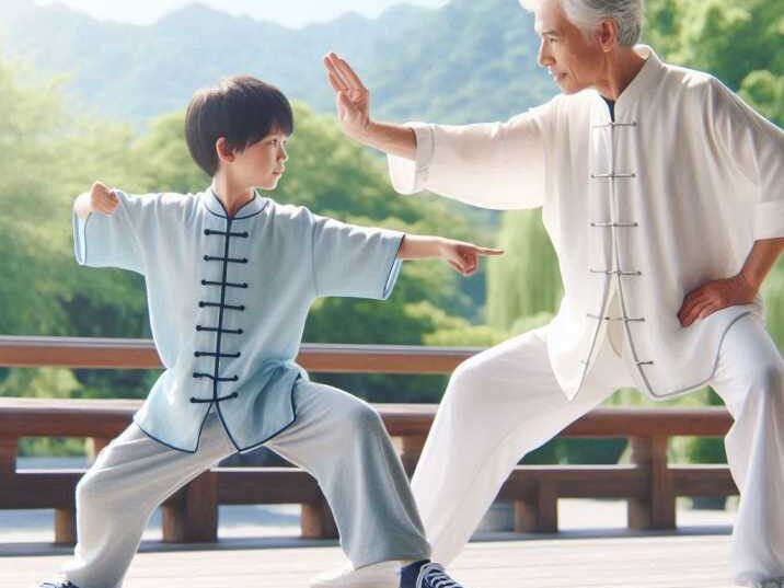 Tai Chi instructor guiding a child in Tai Chi moves