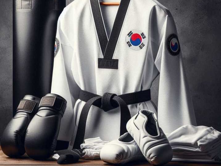 Taekwondo training gear including a uniform, punching bag, and focus mitts.