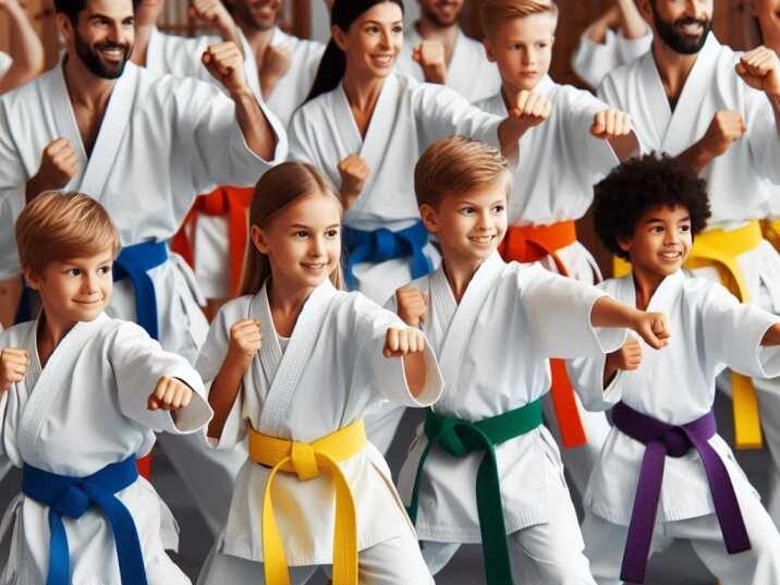 Karate class with students wearing different colored belts, including green