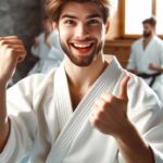 karate at 18-year-old a beginner practicing techniques in a dojo.