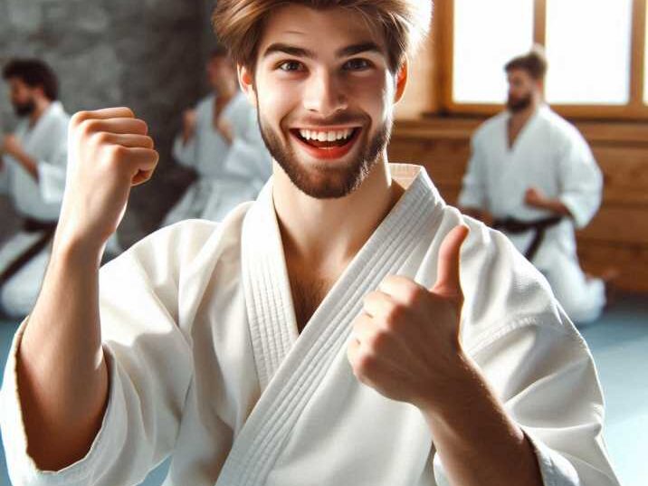 karate at 18-year-old a beginner practicing techniques in a dojo.