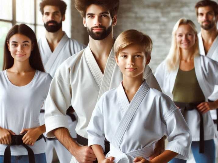 A diverse group of adults participating in a karate class, including an 18-year-old beginner.