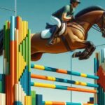 A horse and rider mid-air as they jump over a colorful vertical obstacle.