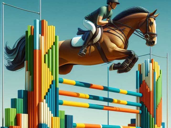 A horse and rider mid-air as they jump over a colorful vertical obstacle.