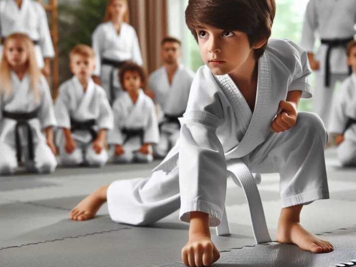 Martial Arts Builds Confidence, A Child practicing martial arts in a class setting.